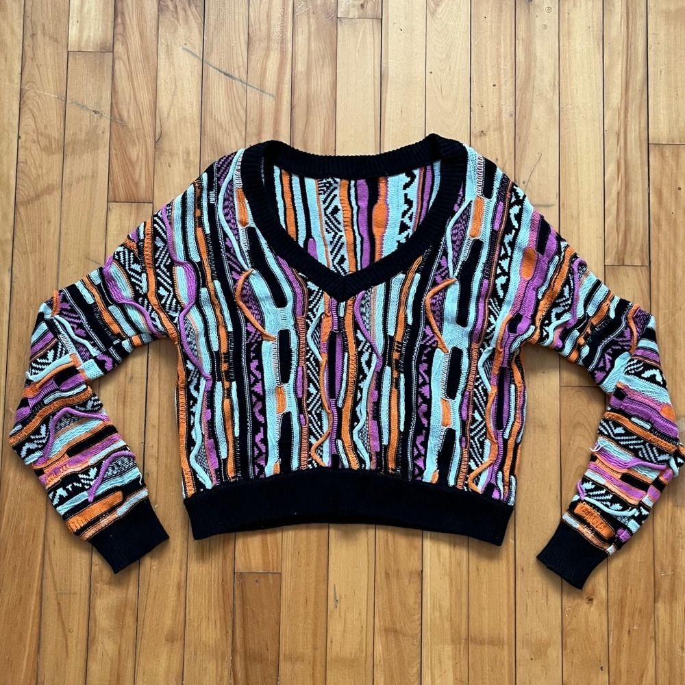 Forever 21 Coogi Style Sweater Women Medium Orange Purple Blue 3D Knit Crew Neck